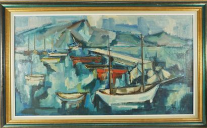 FOURNEL Les bateaux à quai huile sur toile signée et datée 57 . 46 x 81 cm