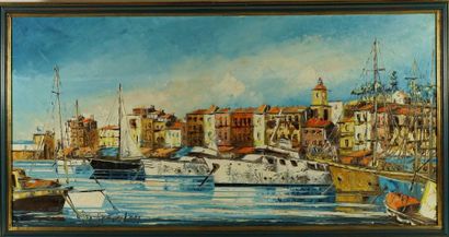 René FUMOLEAU (1949) Le port de Saint Tropez, Huile sur toile signée 50 x 100 cm