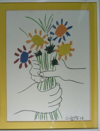 PICASSO D'après Bouquet de fleurs lithographie signée dans la planche 57 x 43 cm...