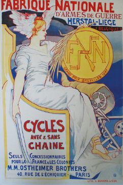 MONOGRAMME FABRIQUE NATIONALE "ARMES de Guerre.CYCLES avec & sans chaîne".
1900
Lith.A.Berard,...