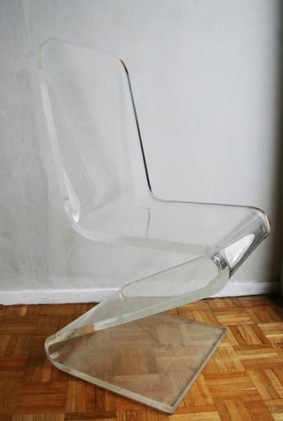 null Ensemble de 4 chaises Zig-zag en plexiglas transparent monobloc Années 1970/80...