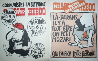 CHARLIE HEBDO - REISER (4 affichettes) 4 Affichettes kiosque de 1978 et 1979 La Téléimpression,...