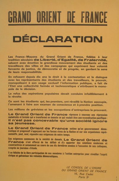 MAI 68 - GRAND ORIENT DE FRANCE DÉCLARATION. Mai 68 . Imprimerie Douard, Paris -...
