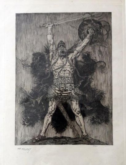 Raphaël Freida (1877-1942) « Guerrier ». Eau-forte. 39 x 54,5 cm Très belle et rare...