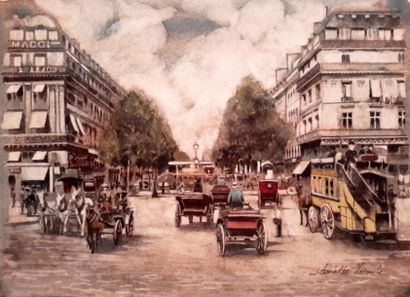 Amédée Lecomte (1967-) «  Rue de paris animées vers 1910  », Aquarelle, signée, ...