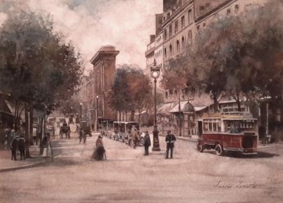 Amédée Lecomte (1967-) «  Rue de paris animées vers 1910  », Aquarelle, signée, ...