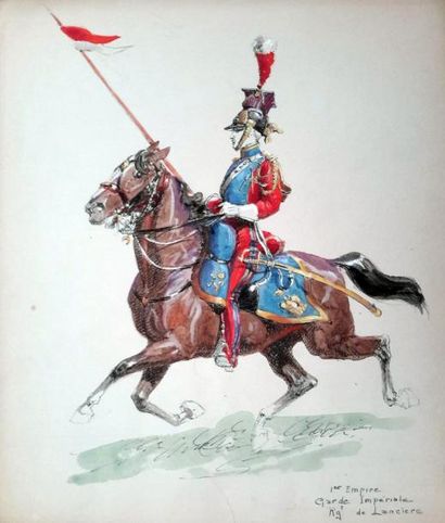 Eugène PECHAUBES (1890-1967) « Cavalier », aquarelle et encre sur trait lithographié,...