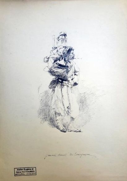 Eugène PECHAUBES (1890-1967) « Zouave en tenue de campagne », encre sur papier, cachet...
