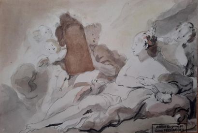 Eugène Péchaubès (1890-1967) attribué à « Étude de femme allongées anges », aquarelle...