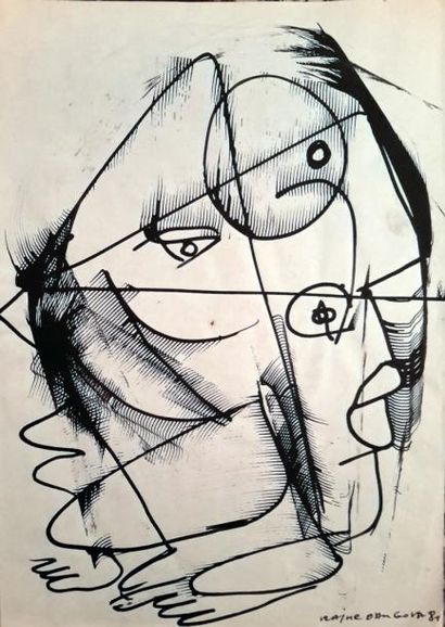 Rajne Dangova (1945-) « Personnages cubistes », lot de trois dessins à l'encre, signée...
