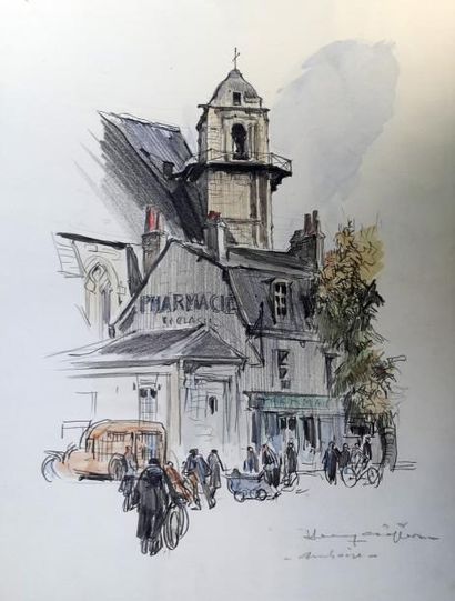 Henry CHEFFER (1880-1957) «  Amboise  », Aquarelle et crayon de couleur, signée -...