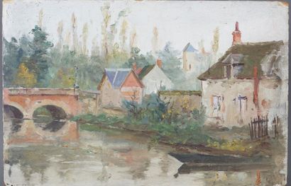 Paul ORTIOU (1807-….) Village en bord de rivière Huile sur panneau. . 15cm x 24c...