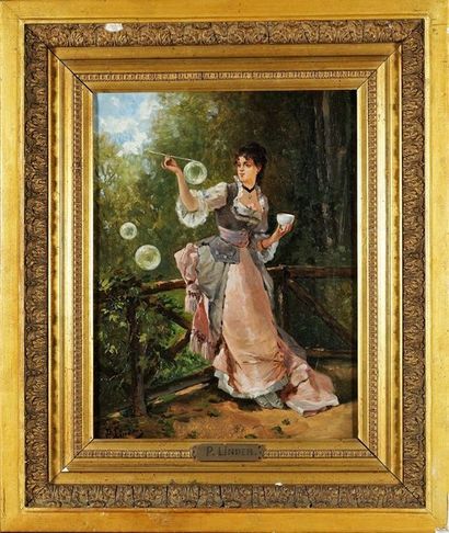 Philippe Jacques LINDER (1835-1914) Jeune femme aux bulles de savon. Huile sur toile...