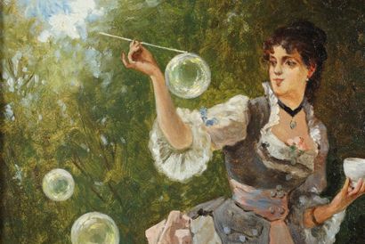 Philippe Jacques LINDER (1835-1914) Jeune femme aux bulles de savon. Huile sur toile...