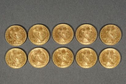 null Lot de 10 pièces de 20 francs Français en or . Poids 64.5 grs