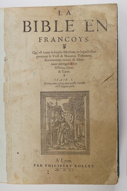 null La Bible en françois. Lyon, Philibert Rollet 1551. Petit folio ; demi-basane...
