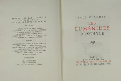 Claudel (Paul) Les Euménides d’Eschyle. Paris, N.R.F., 1920. Après impositions spéciales...