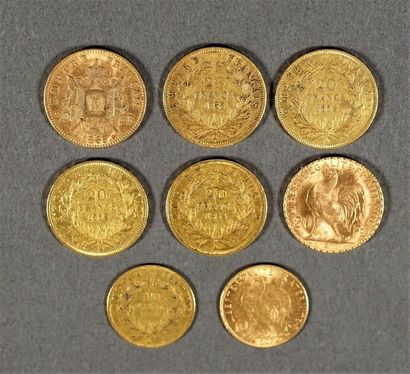 null Lot de 6 pièces de 20 francs Français en or, poids 40 grs. On y joint deux pièces...