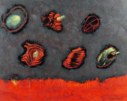 MAX ERNST D'APRES Formes sur ciel noir et terre rouge. Procédé Aeply 28 x 35 cm