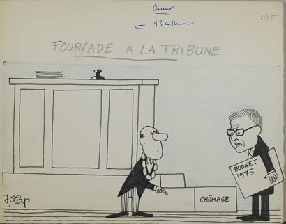 Jacques LAPLAINE, dit LAP ou J. LAP (1921-1987) « FOURCADE A LA TRIBUNE » Encre noir...