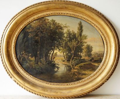 Ecole XIXème Paysage animé au ruisseau Huile sur toile ovale dans un cadre bois en...