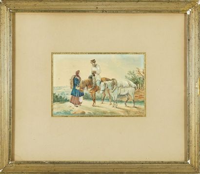 E VACHERON. Deux aquarelles : "Personnage à cheval", aquarelle signée et datée 1843....