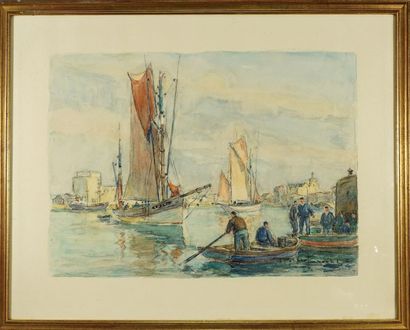 Robert LAROCHE (1896-1974) "Retour de pêche". Aquarelle signée en bas à droite. 43...