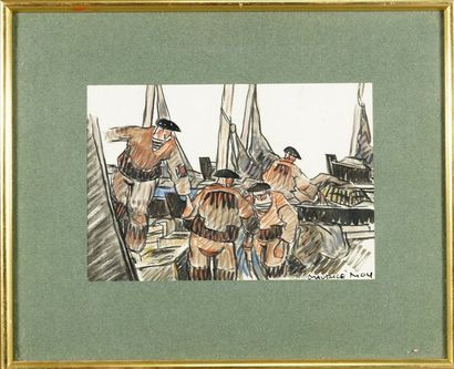 MAURICE MOY (1883-1945) "Les pécheurs".. Aquarelle et dessin signée en bas à droite...