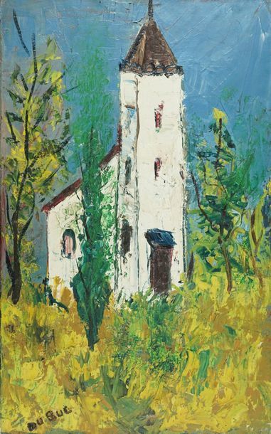 Roland DUBUC (1924-1998). "Vue d'église". Huile sur toile signée. 61 x 38 cm
