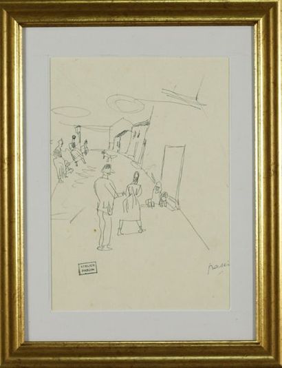 Jules PASCIN (1885-1930) Etude de rue animée. Dessin à l’encre signé et cachet d’atelier....