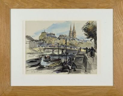 Henry Lucien CHEFFER (1880-1957) Vue de Quimper. Crayon et aquarelle.. Signé et situé...