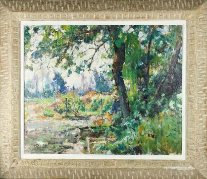 Louis Agricol MONTAGNE (1879-1960) Femme dans le jardin. Huile sur toile signée en...