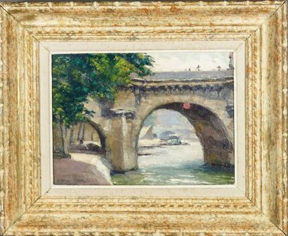 Léon Germain Pelouse (1838-1891) "Pont de Paris". Huile sur toile signée. 24 x 33...