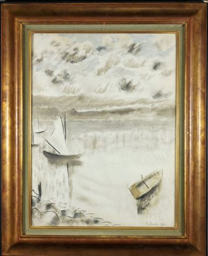 André Julien PRINA (1886-1941) Lac de Genéve près de Villeneuve. Huile sur papier...