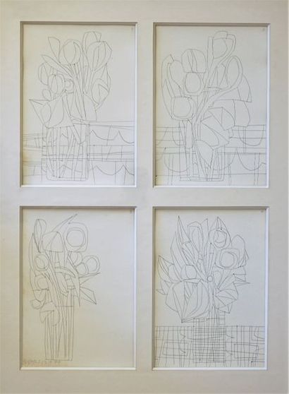 Sergio DE CASTRO (1922-2012) Quatre études de fleurs. Dessins titrés au dos et numérotés...