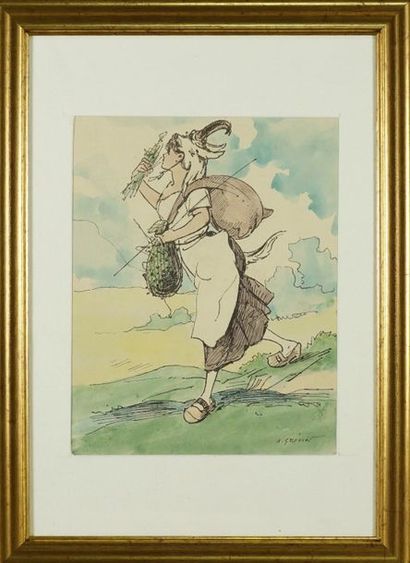 Alfred GREVIN (1827-1892) Jeune bergère.Dessin à la plume et aquarelle. Signé en...