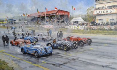 Charles Drouot (1955-) « Course automobile », huile sur panneau de bois, 19 x 33...