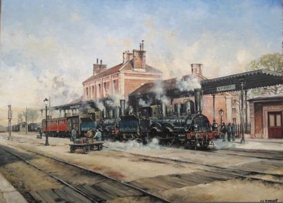 Charles Drouot (1955-) « Locomotive en gare de Vannes », huile sur panneau de bois,...