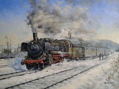 Charles Drouot (1955-) « Locomotive », huile sur panneau de bois, 30 x 40 cm, si...