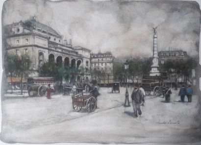 Amédée Lecomte (1967-) « Paris 1910 », aquarelle signée, 23 x 31 cm