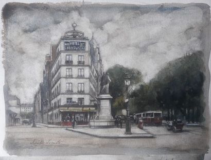 Amédée Lecomte (1967-) « Paris 1910 », aquarelle signée, 24 x 32 cm