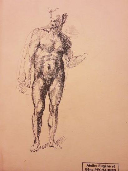 Eugène PECHAUBES (1890-1967) « Étude de nu », dessin à l'encre, portant cachet vente...