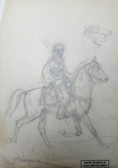 Eugène PECHAUBES (1890-1967) « Cavalier arabe », dessin à la mine de plomb, portant...