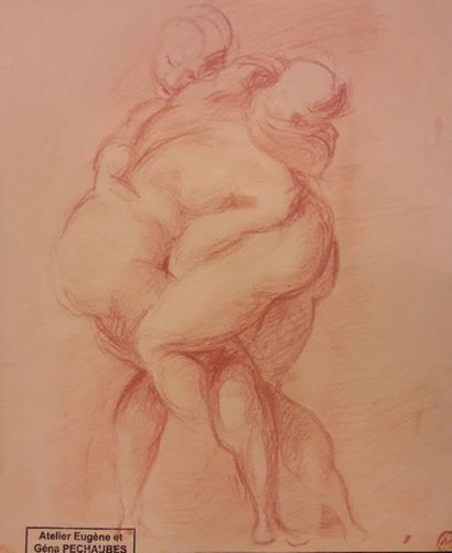 Eugène PECHAUBES (1890-1967) « Lutte », dessin à la sanguine, portant cachet vente...