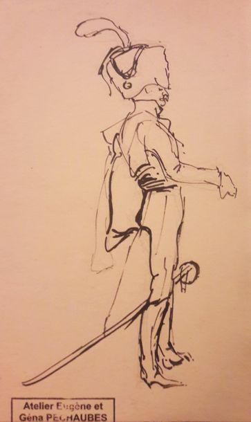 Eugène PECHAUBES (1890-1967) « Etude » de hussard, dessin à l'encre, portant cachet...