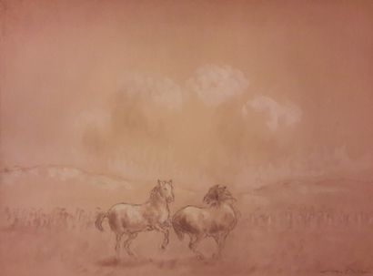 Ary Bitter (1883-1973) « Chevaux », fusain et gouache signé, 28 x 38 cm