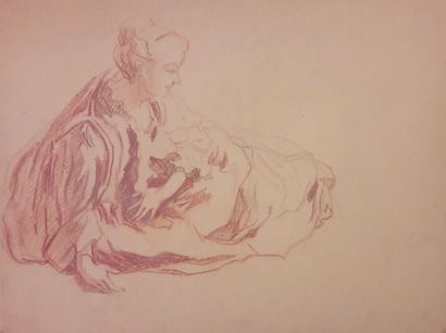 ECOLE FRANCAISE « Femme assise », dessin à la sanguine, toute petite déchirure sur...