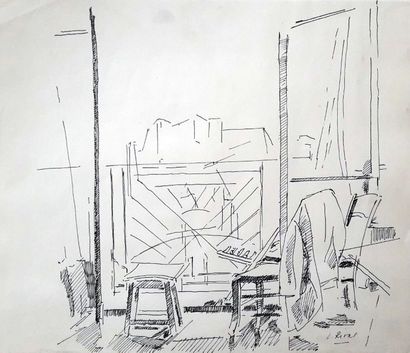 Denis Rival (1935-) « Intérieur », encre, signée «  D.Rival  », 31 x 37 cm