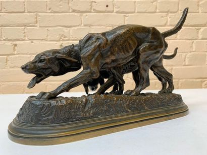 null GROUPE EN BRONZE "DEUX CHIENS DE CHASSE EN LAISSE" DE Isidore Jules BONHEUR...