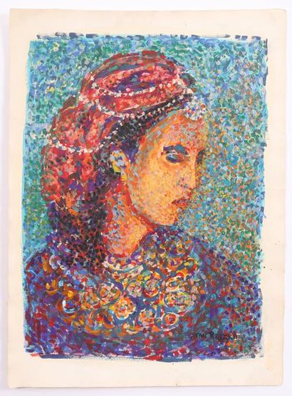 null GOUACHE POINTILLISTE ORIENTALISTE "JEUNE FEMME ORIENTALE DE PROFIL, EN BUSTE"...